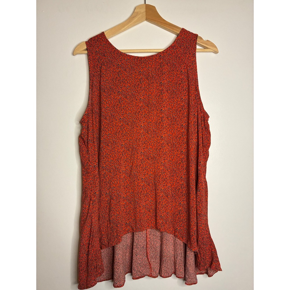 a.n.a Top Womens L Orange Floral Ditsy Print Sleeveless High Low Rayon Blouse